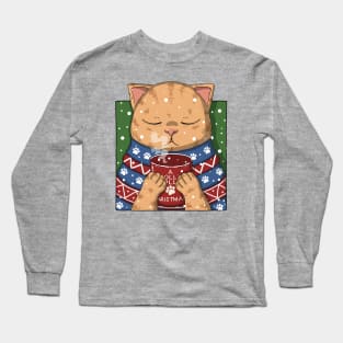 Cute Tabby Cat Drinking Coffee On Christmas Long Sleeve T-Shirt